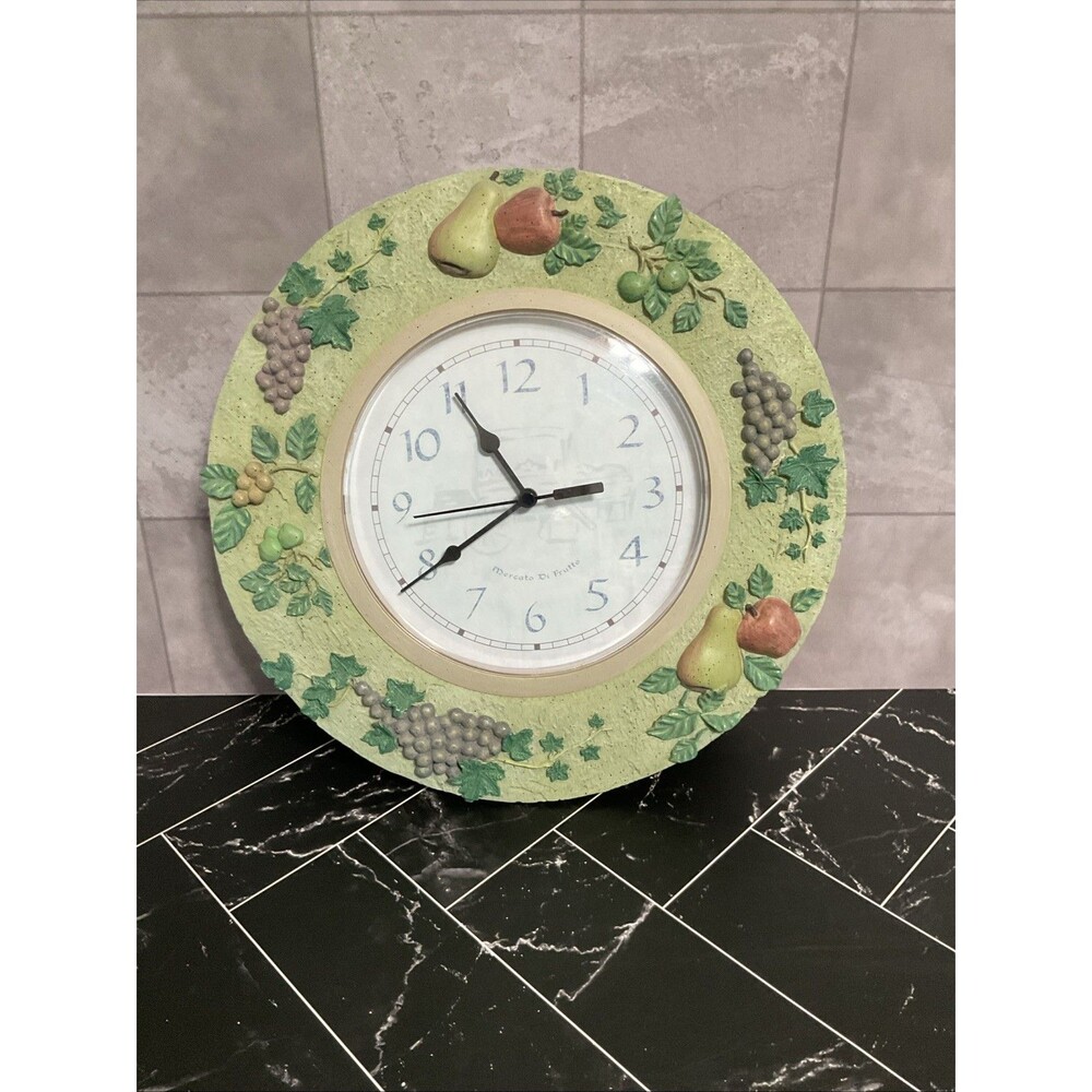 Wall Clock Tuscan Fruit Grapes Pears Resin 12’l Diameter.EUC